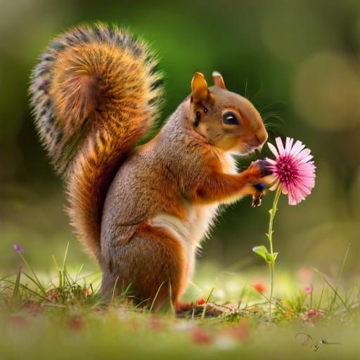 Hyperrealistic Squirrel Smelling Flower in Vivid Detail
