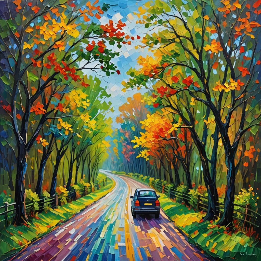 Colorful Road Trip in Neo-Impressionist Style
