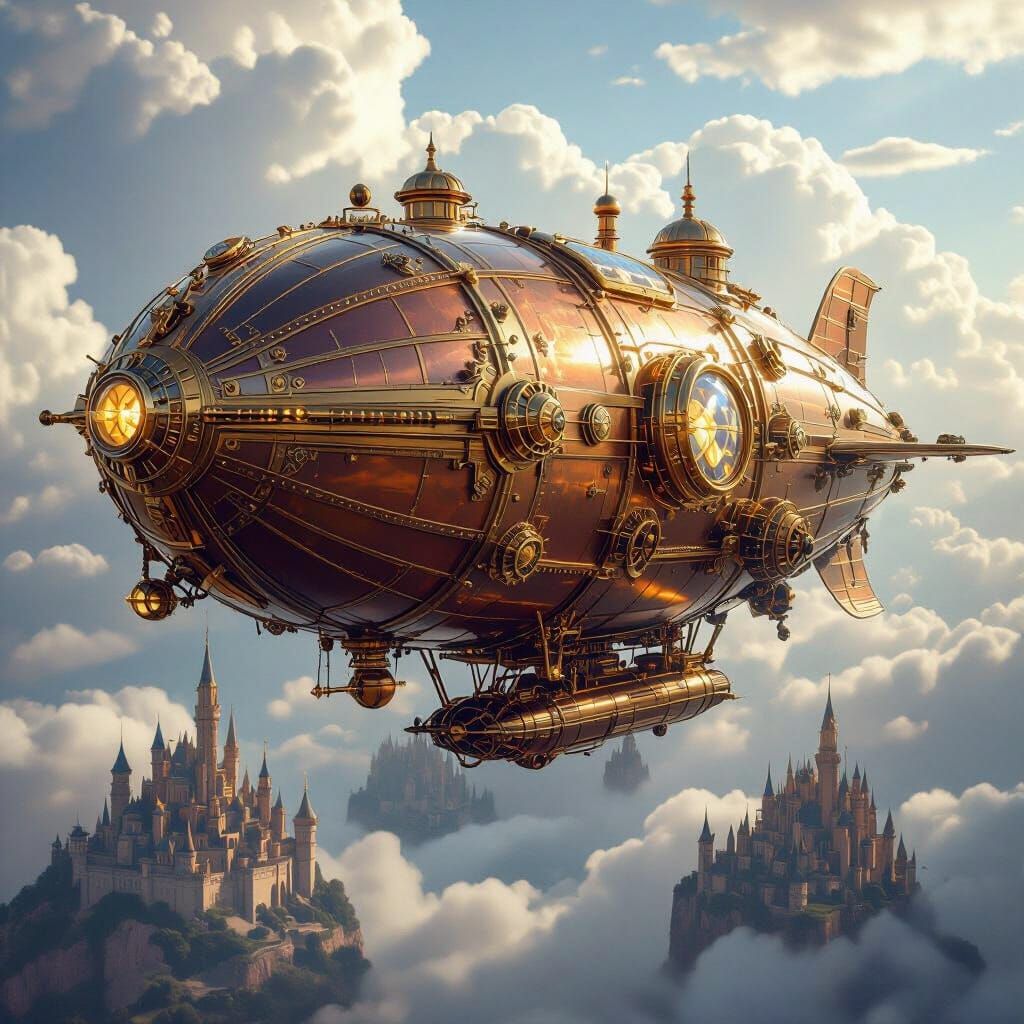 Luxury Steampunk Airship in Dramatic Sunlight