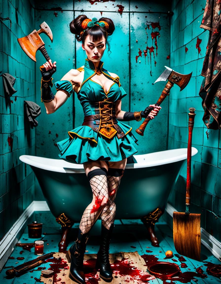 Murderous thin chun li with hatchet in bathoom with dead bod...