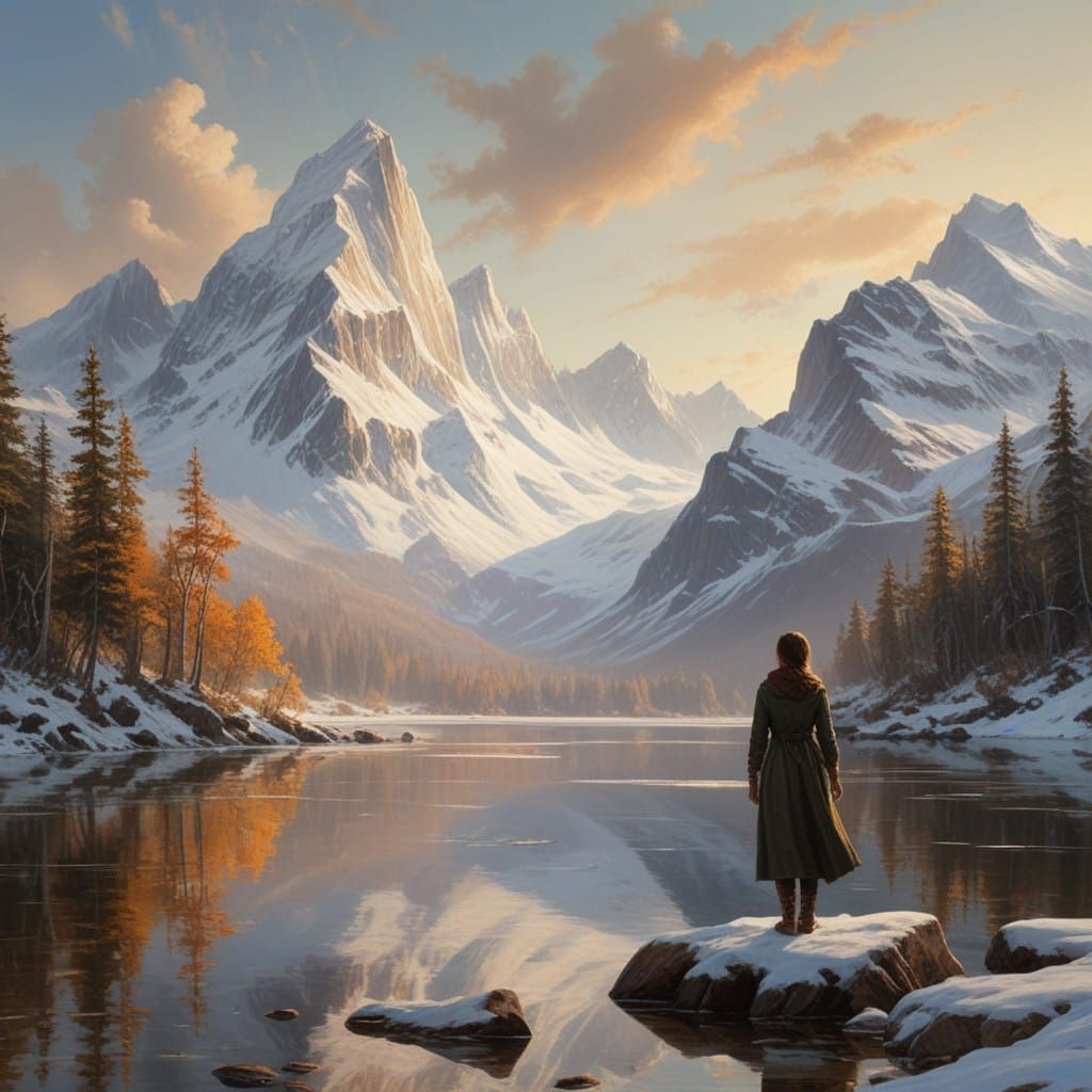 Ethereal Winter Goddess Amidst Majestic Snowy Peaks