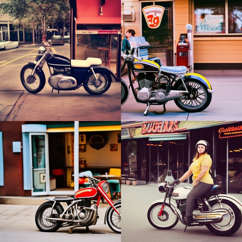 Retro Motorcycle at Burger Joint: Vintage Photography