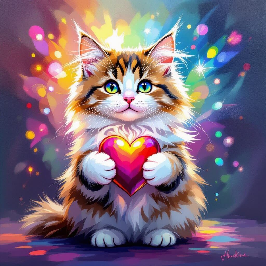 Fluffy Cat Holding Heart in Acrylic Diffraction Painting