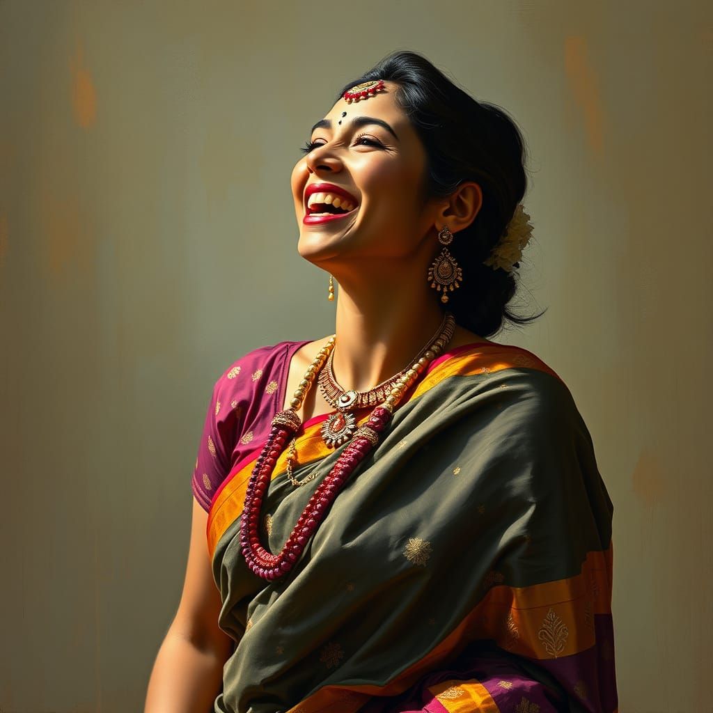 Woman Laughing in Saree, Classical Realism Style