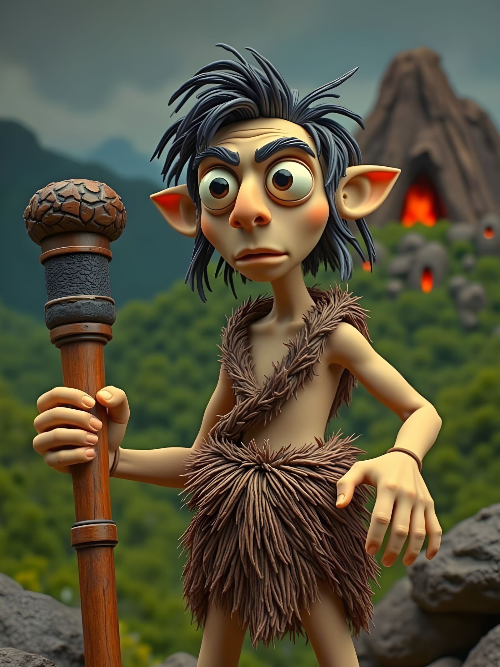 Claymation Caveman in Prehistoric Landscape