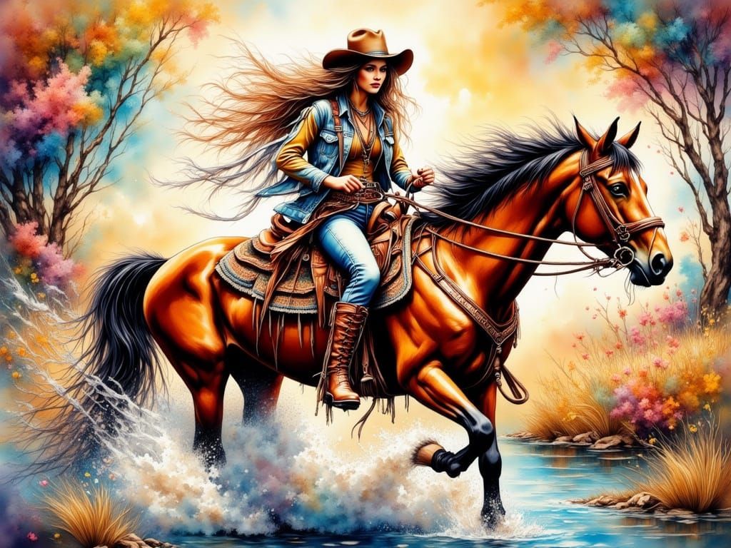 Boho Woman Rides Horse Over River in Vibrant Wild West Style