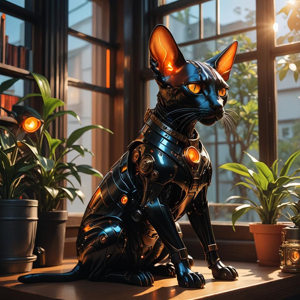 Futuristic Steampunk Robotic Cat in Sunlight