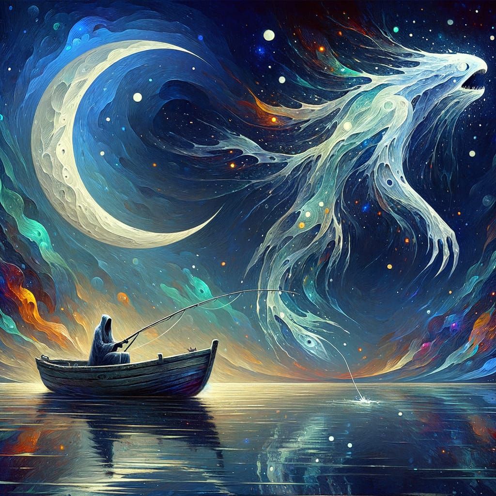 Spectral Angler and Luminous Whale under Crescent Moon