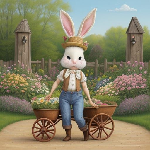Whimsical Easter Bunny in Folk Art Style