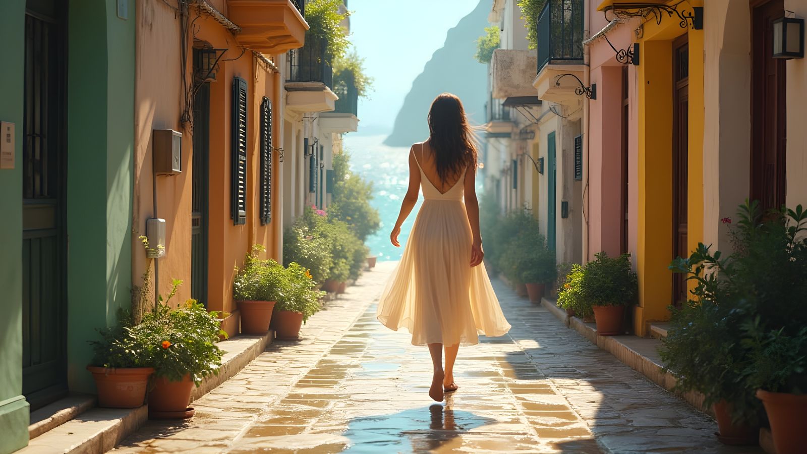 Woman in Summer Dress Walking on Wet Cobblestone Street