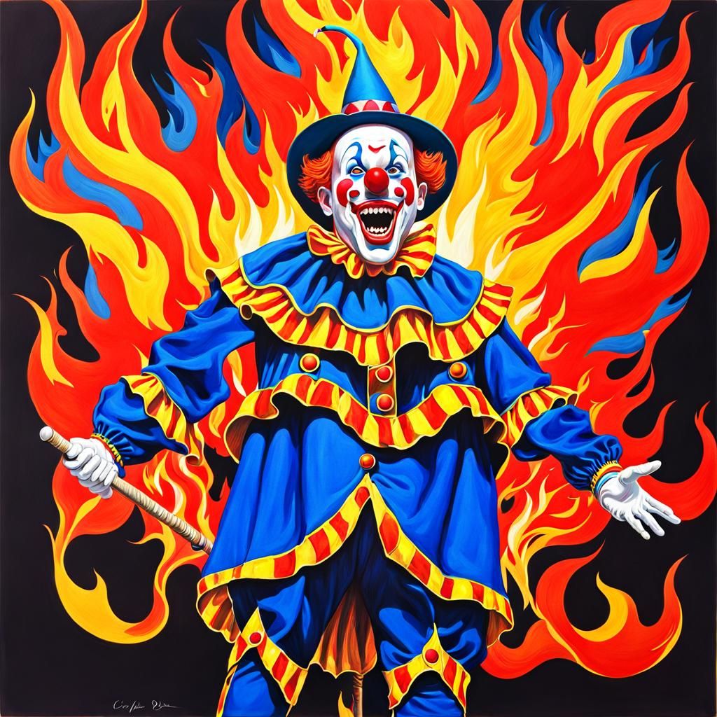 Clown Ablaze: A Gouache Painting of Fire