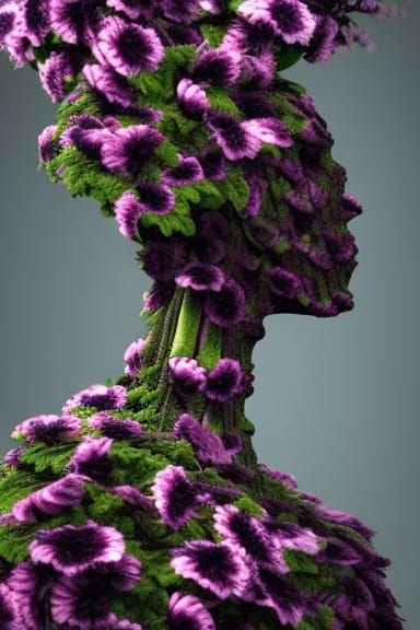 Dark Humanoid Fused with Flowers in Hyperrealism