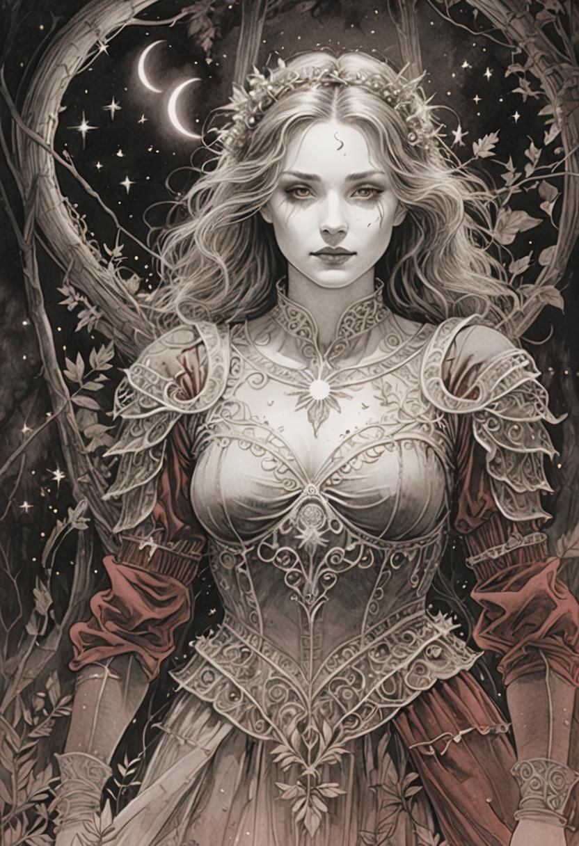 Woman on Crescent Moon in Art Nouveau Style