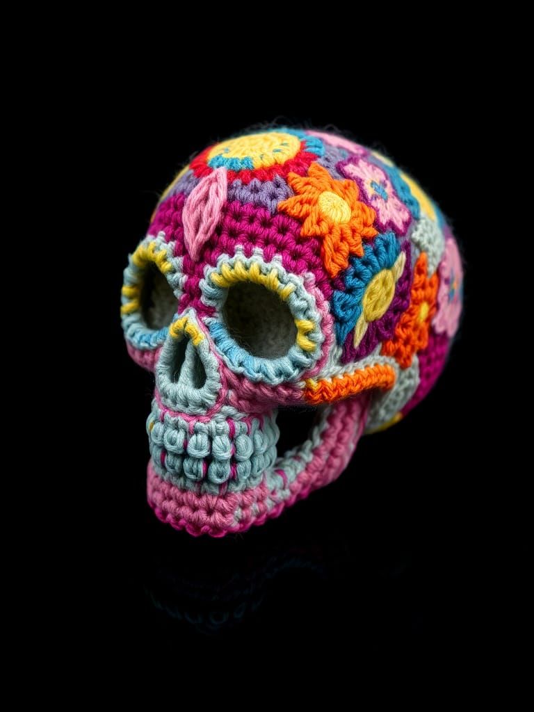 Colorful Crochet Skull Amigurumi on Black