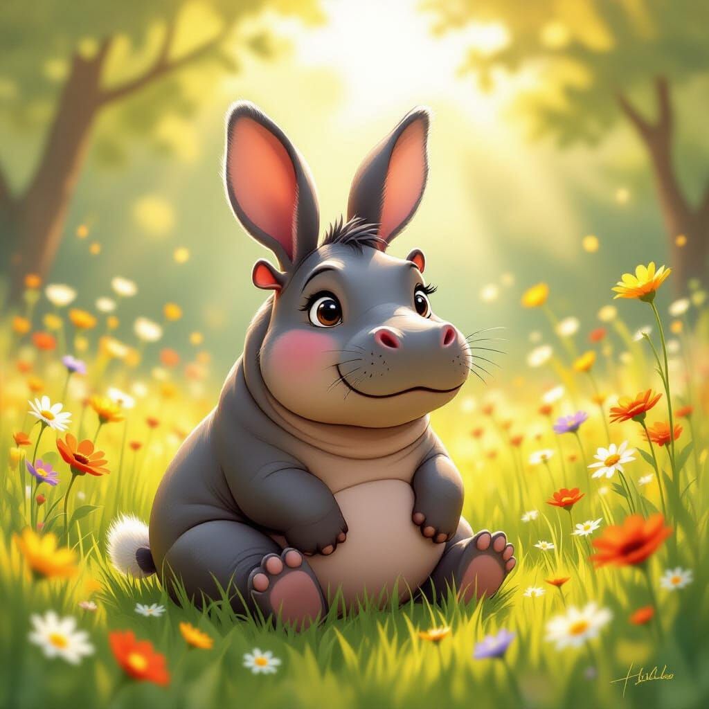 Whimsical Hippo-Bunny Creature in Sunny Meadow