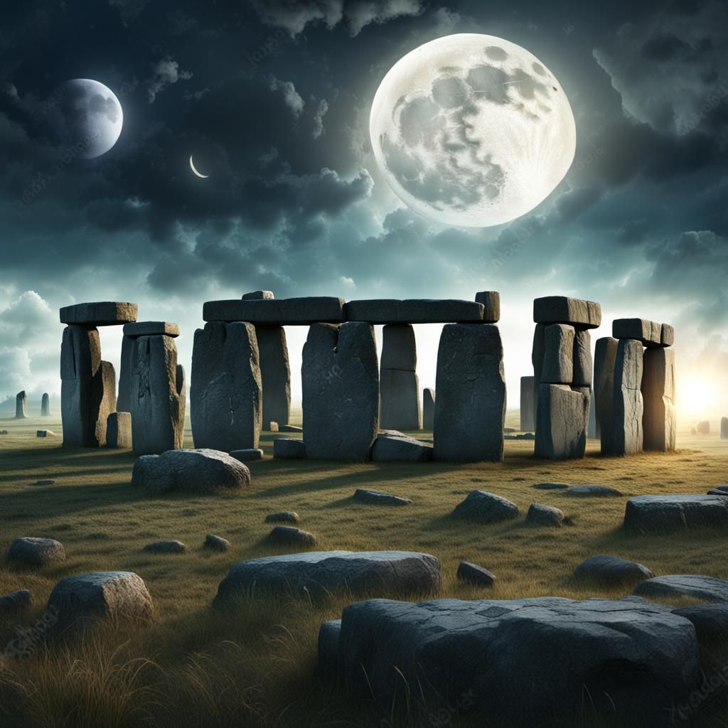 Stonehenge with Runes and Glowing Moon, Digital Painting