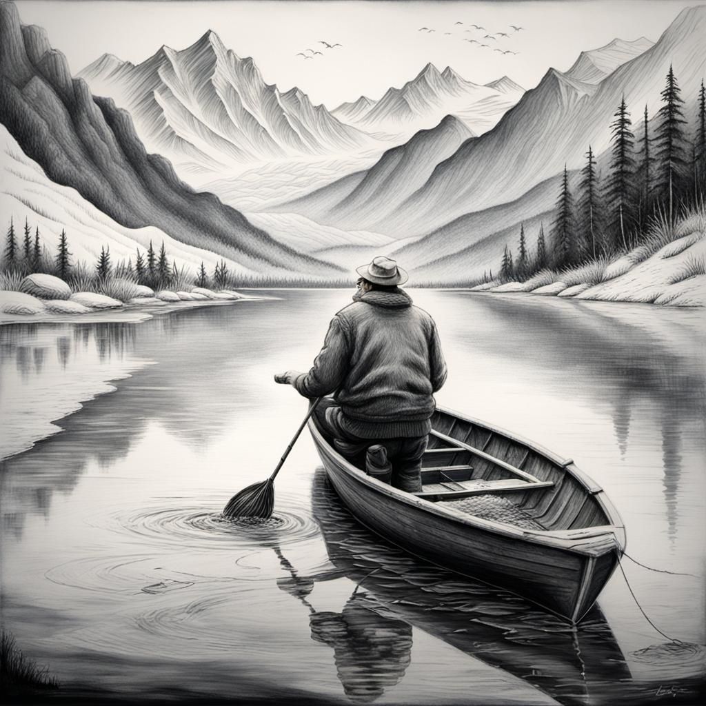 Charcoal Drawing of Old Man Fishing in Snowy Mountains