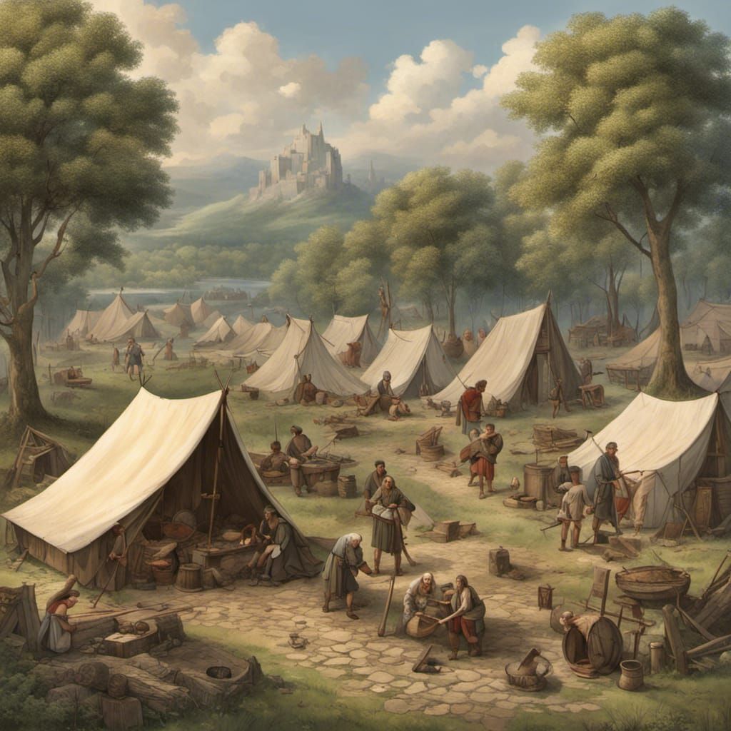 Medieval American Woodcutters' Camp: Detailed Scene