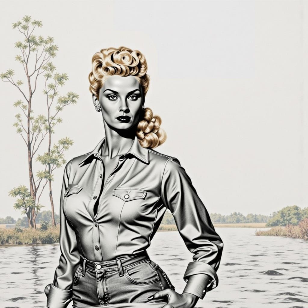 Egon Schiele Style Fashion Model in Jungle River