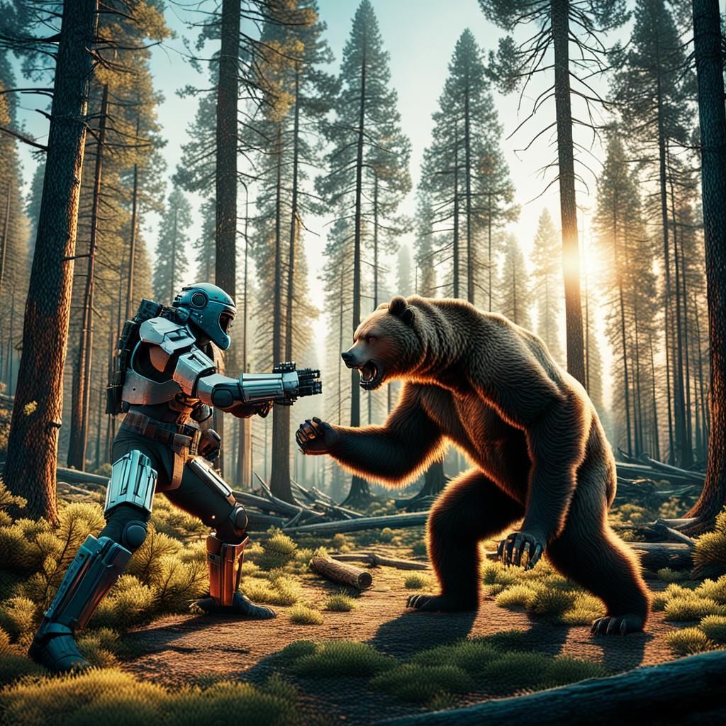 Cyborg and Cavemen vs Grizzly Bear in Forest