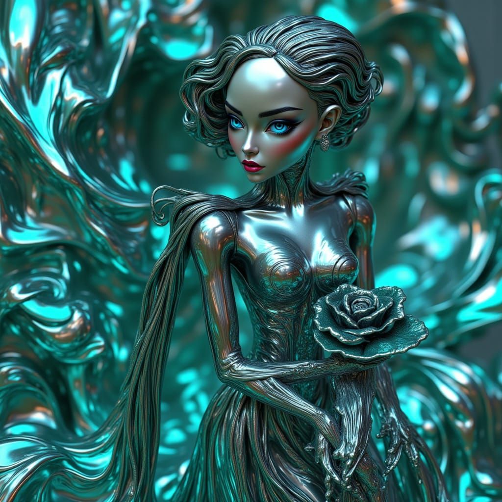 Woman of Chrome and Jewels in Flowing Gown