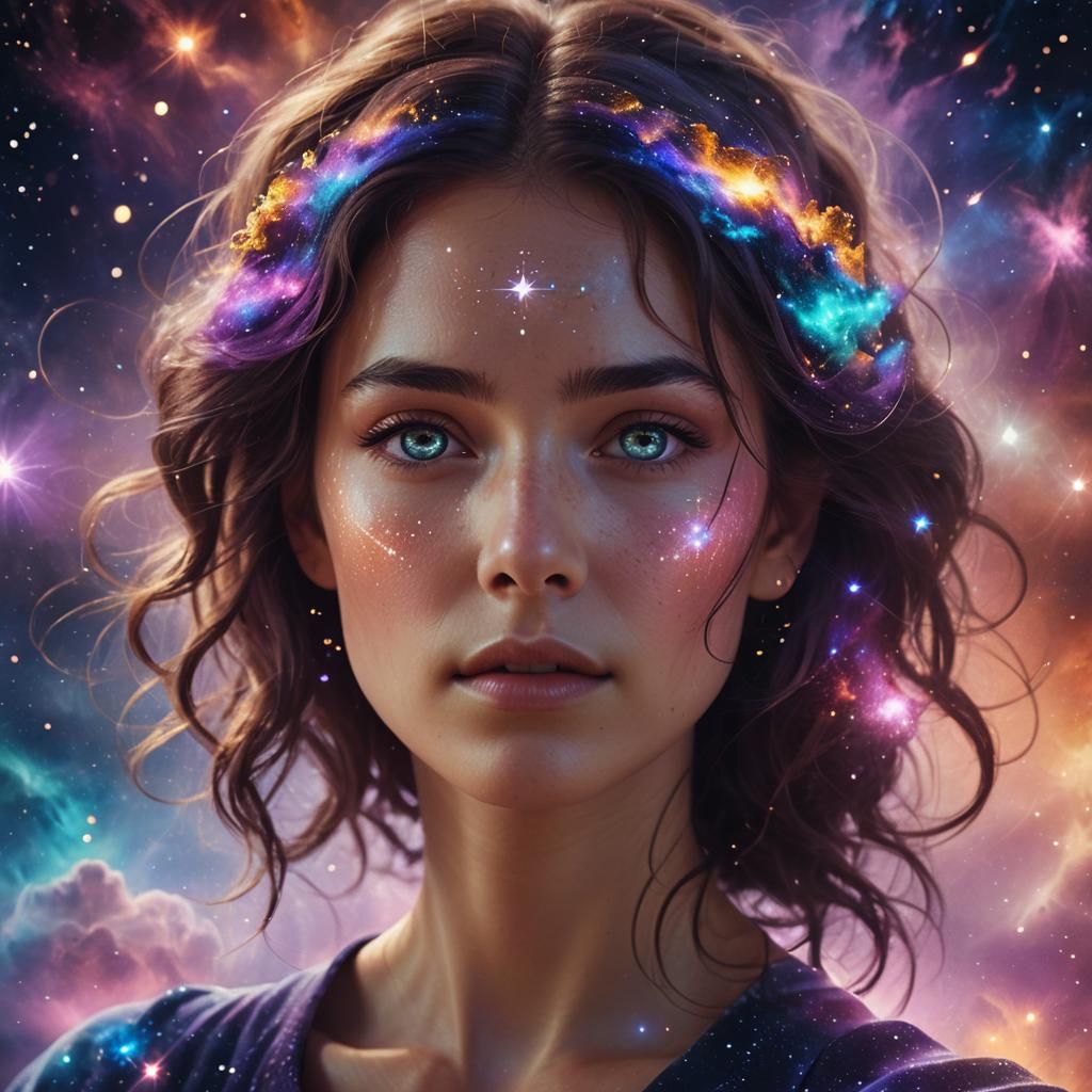 Celestial Woman Portrait in Nebula with Cosmic Energy