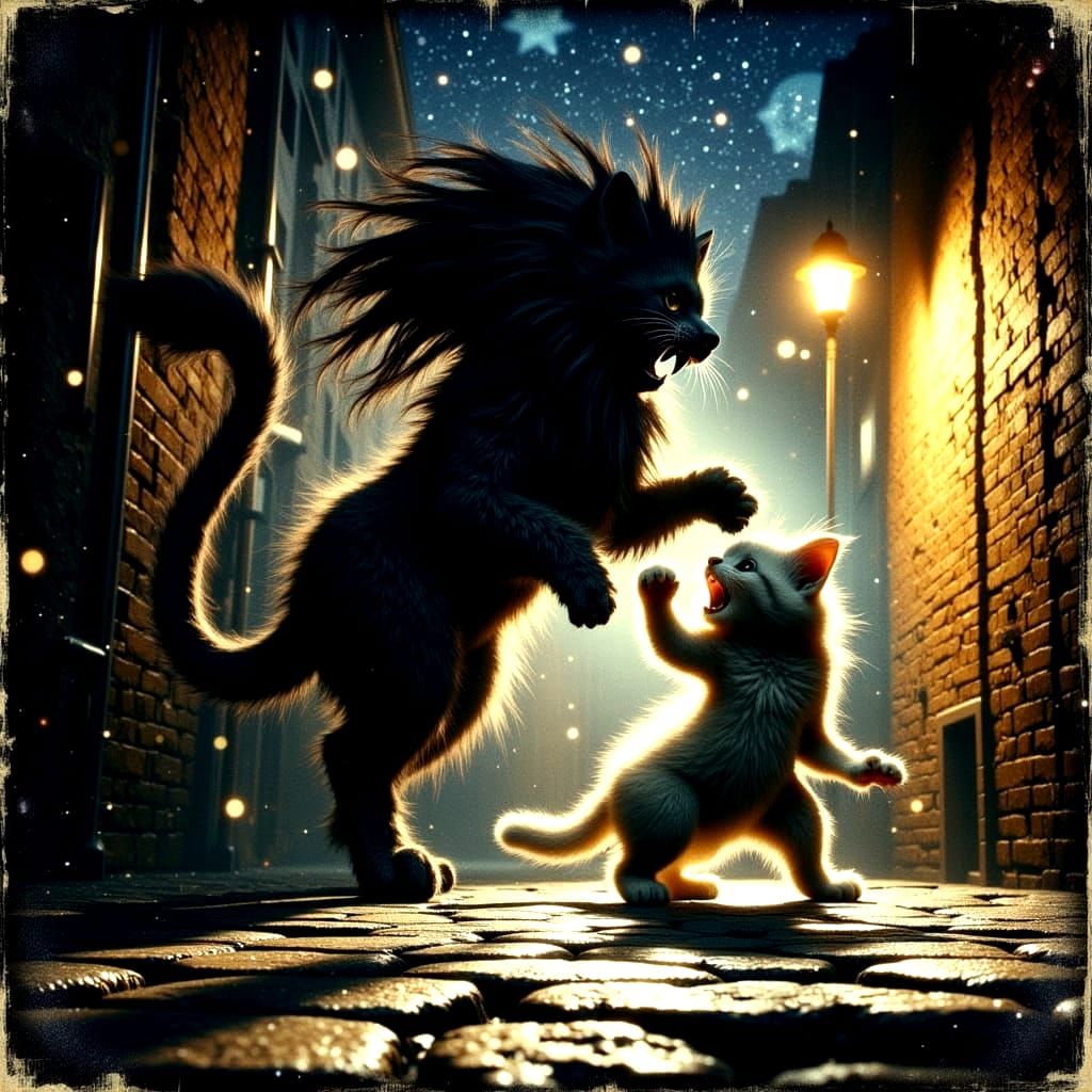 Whimsical Feline Hero in Surreal Cityscape