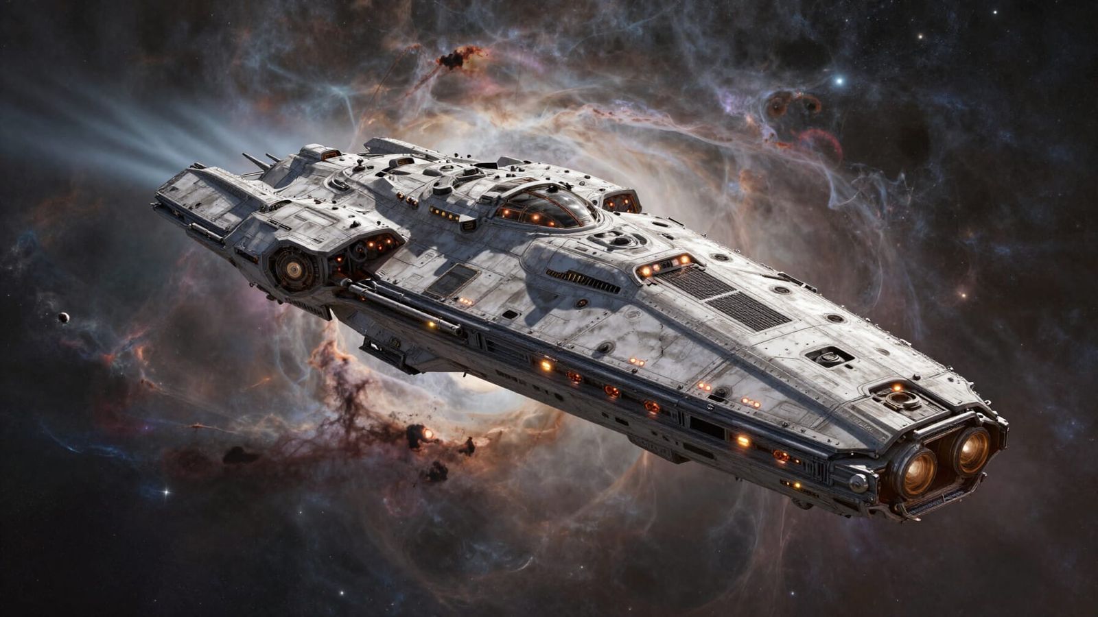 Detailed Sci-Fi Spaceship War Cruiser in Nebula