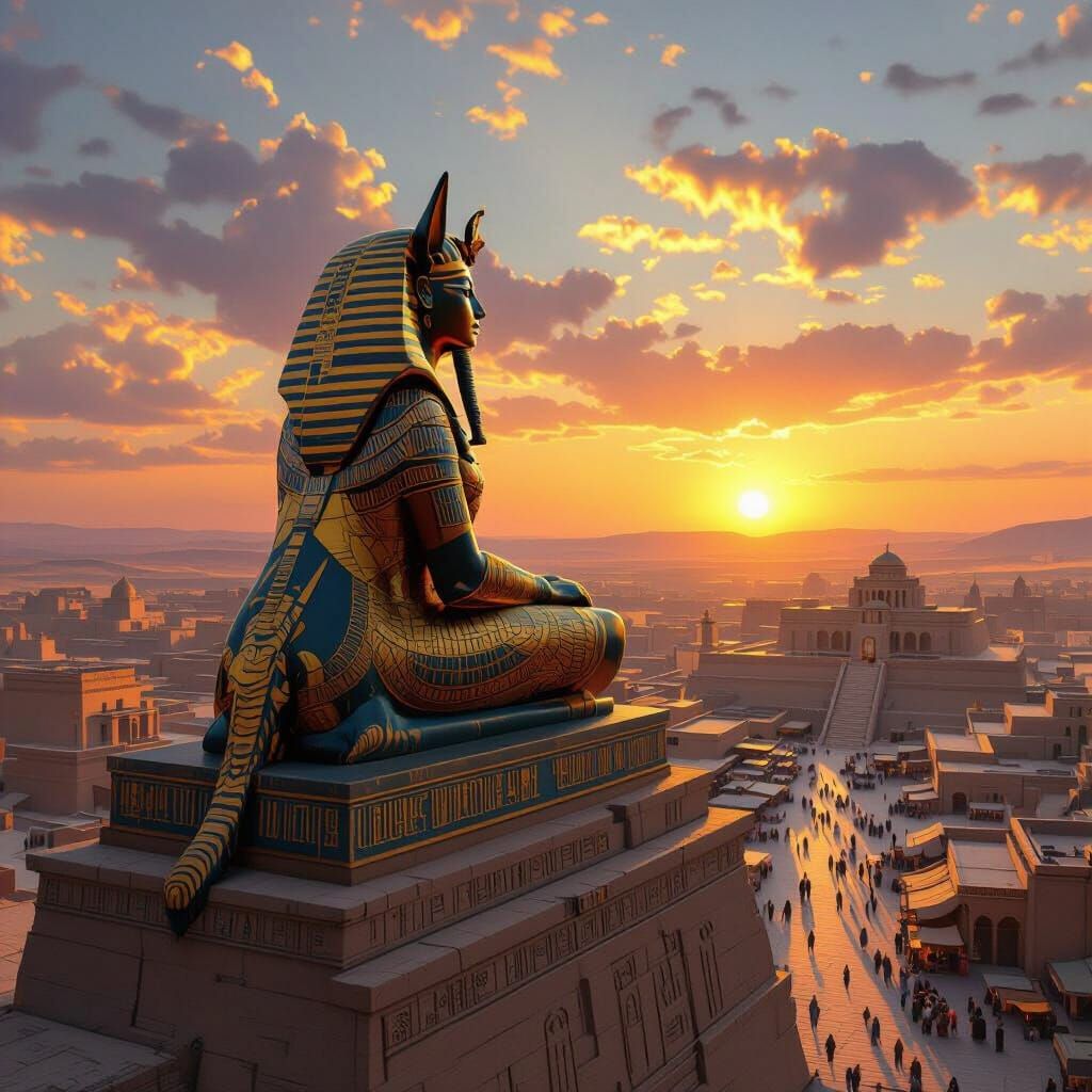 Golden Sphinx Over Ancient City at Sunset