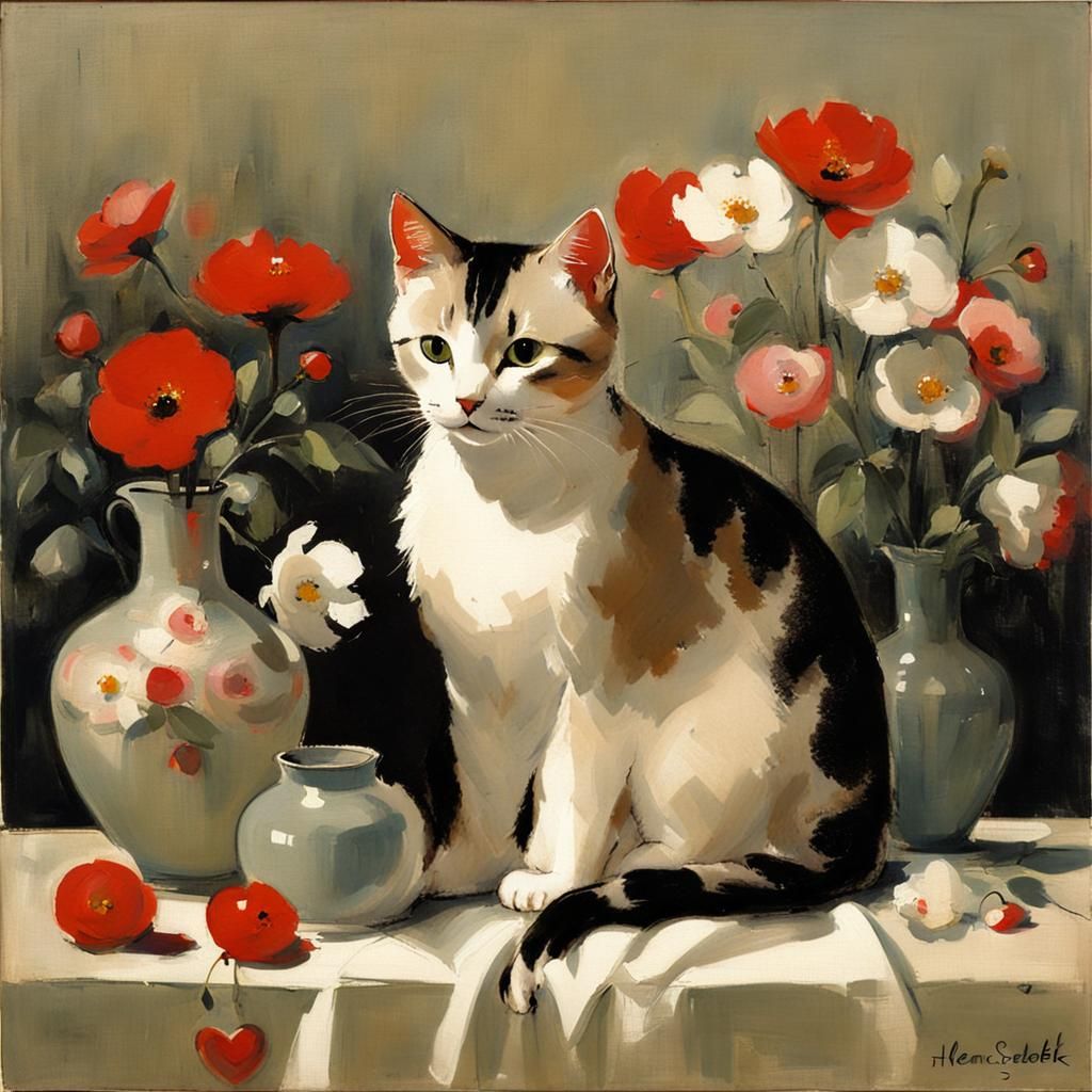 Cute Cat with Flowers in Modernist Style