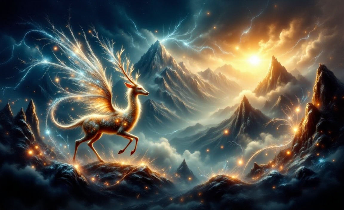 Winged Golden Deer Flight Over Erupting Volcano