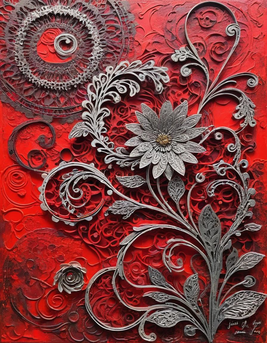 Filigree Flower in Spicy Red Impressionism Style