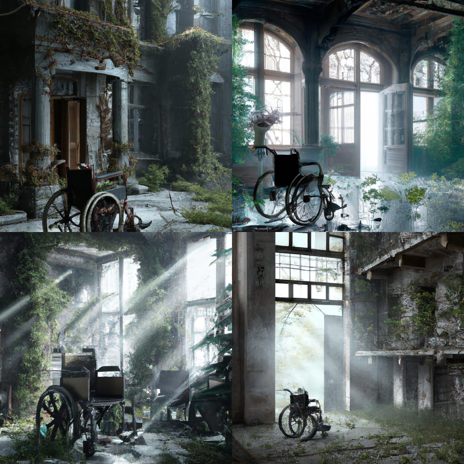 Overgrown Asylum with Wheelchair in Digital Art Style
