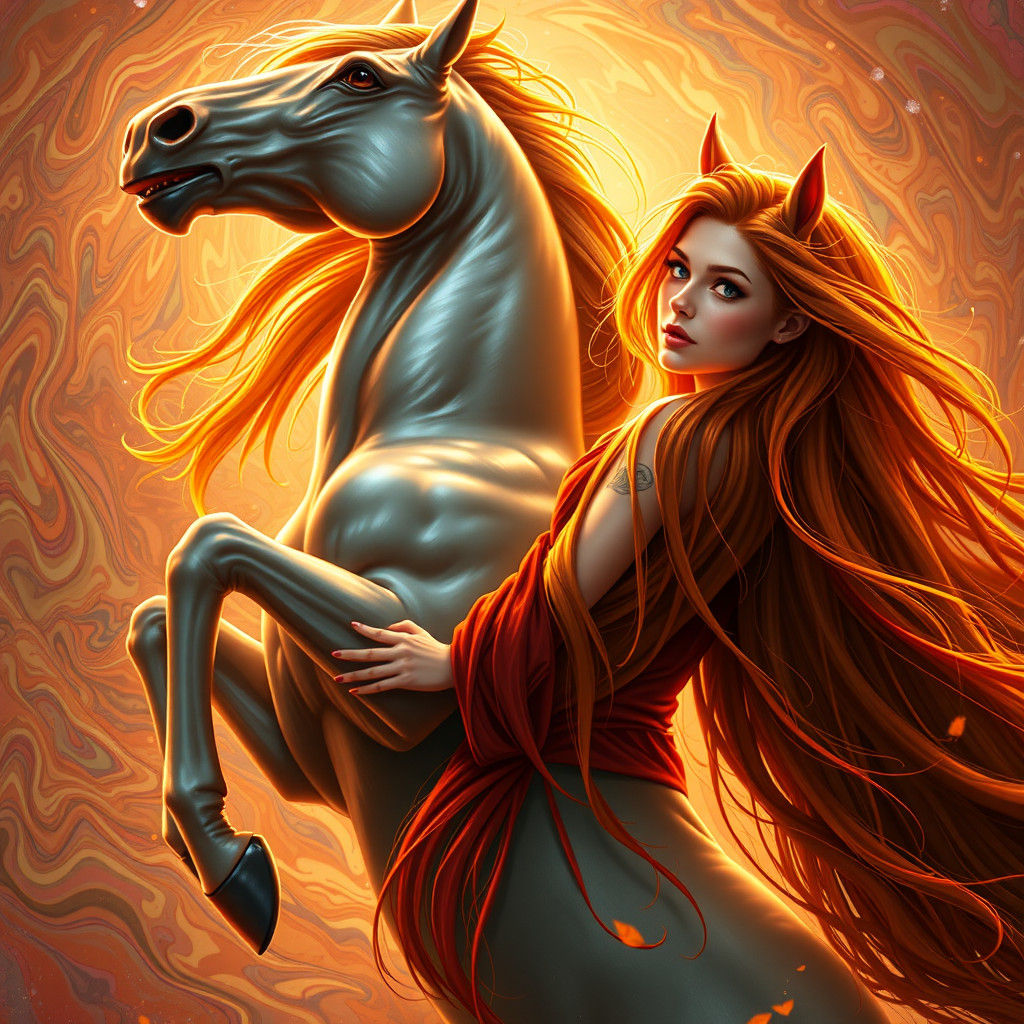 Majestic Horse with Fiery Red Hair, Hyperrealistic Style