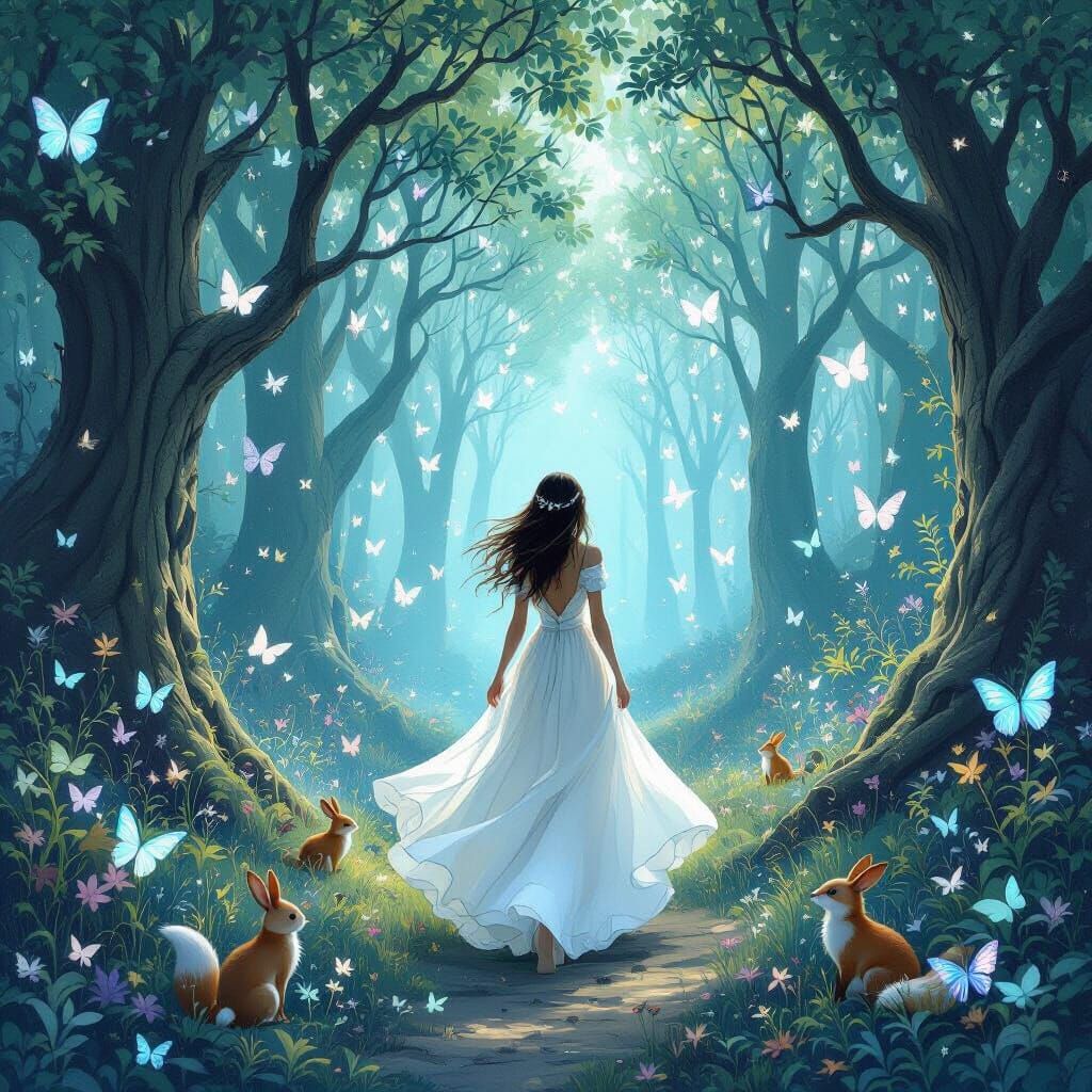 Mystical Forest Scene with Woman, Stars, and Butterflies
