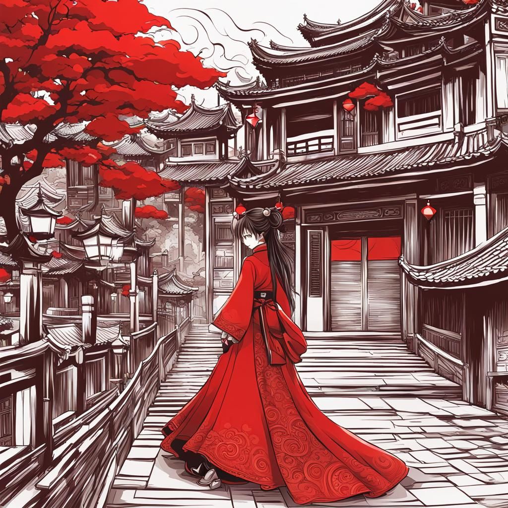 Anime Girl in Red Gown in Historical Chinese Town