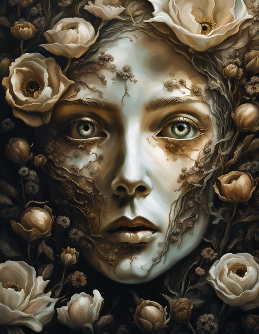 Eerie Beauty: Surreal Woman Surrounded by Decaying Flowers