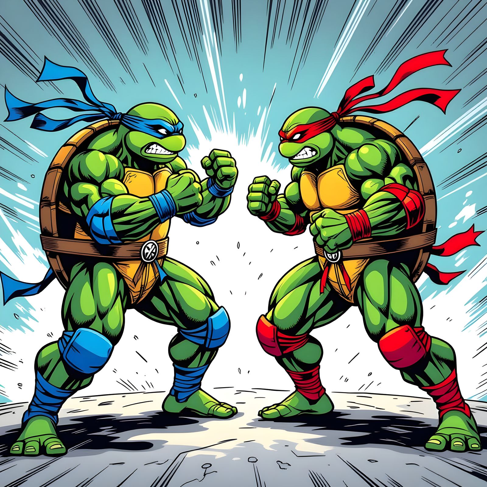 Muscular Ninja Turtles Battle in Dynamic Comic Style