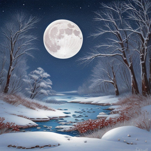Winter Night Scene Under Full Moonlight
