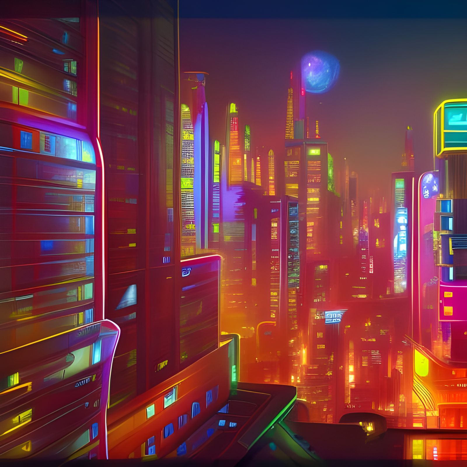 Neon Cityscape with Flying Cars: Digital Matte Painting