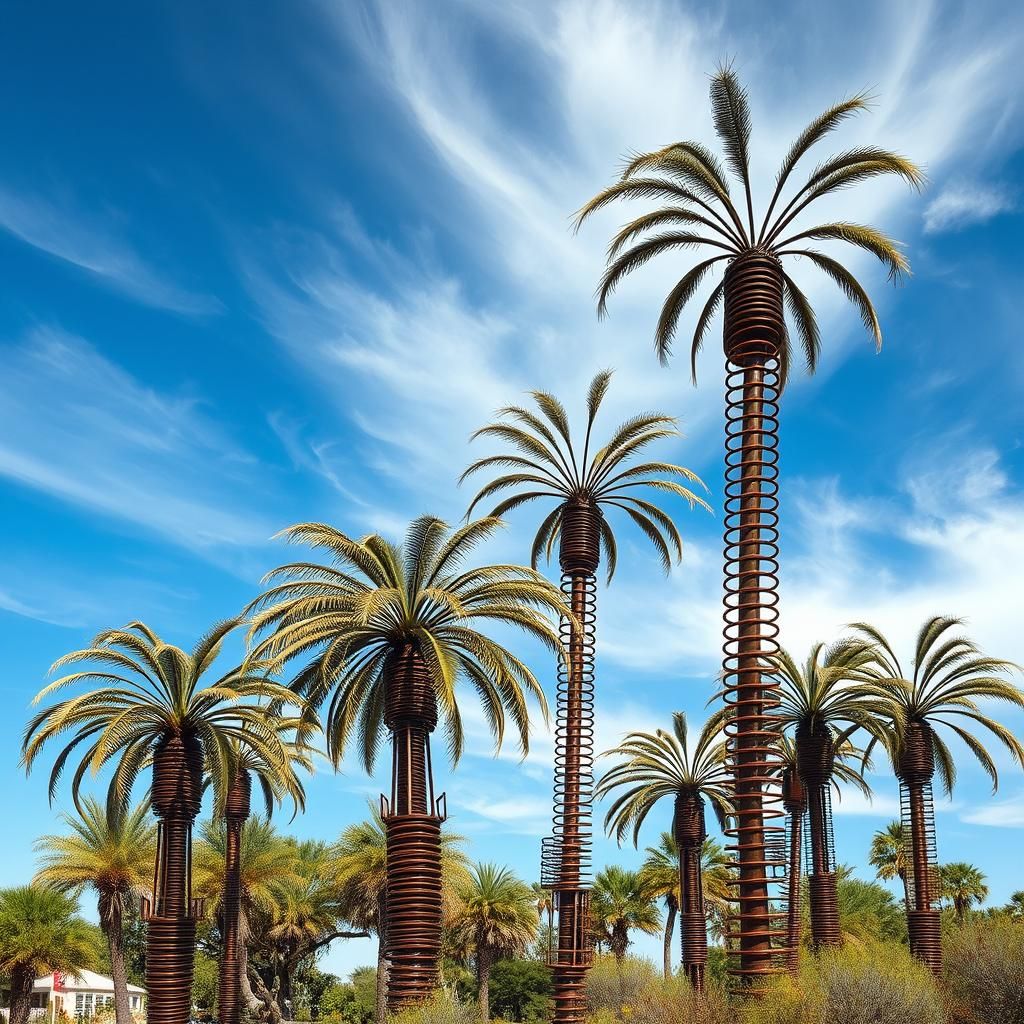 Welded Spring Palm Sculptures Against Blue Sky