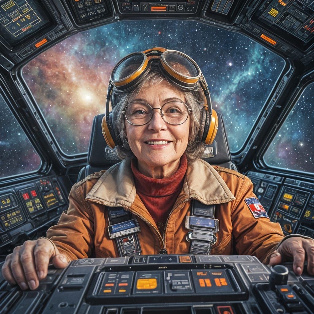 Elderly Woman Pilots Spaceship Through Nebula, Retro-Futuris...