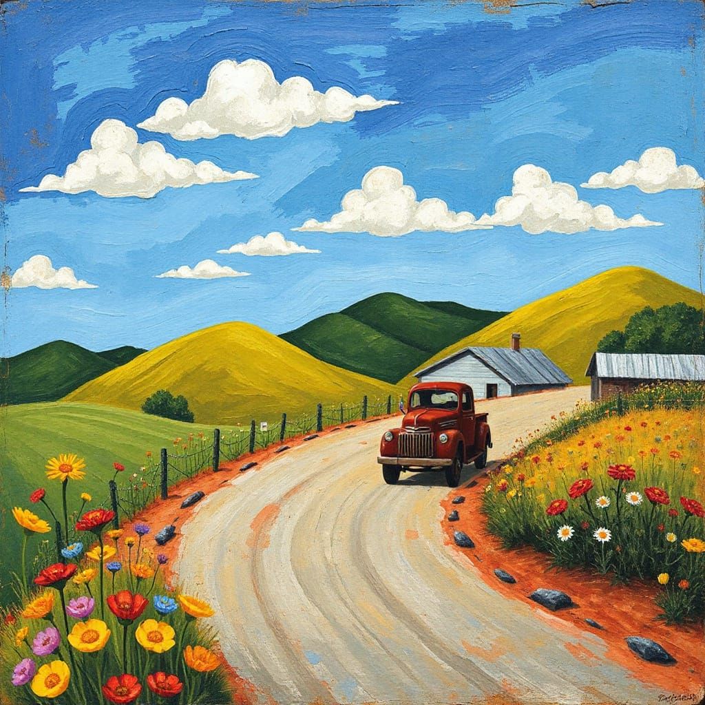 Vibrant Folk Art Scene with Truck in Rolling Hills