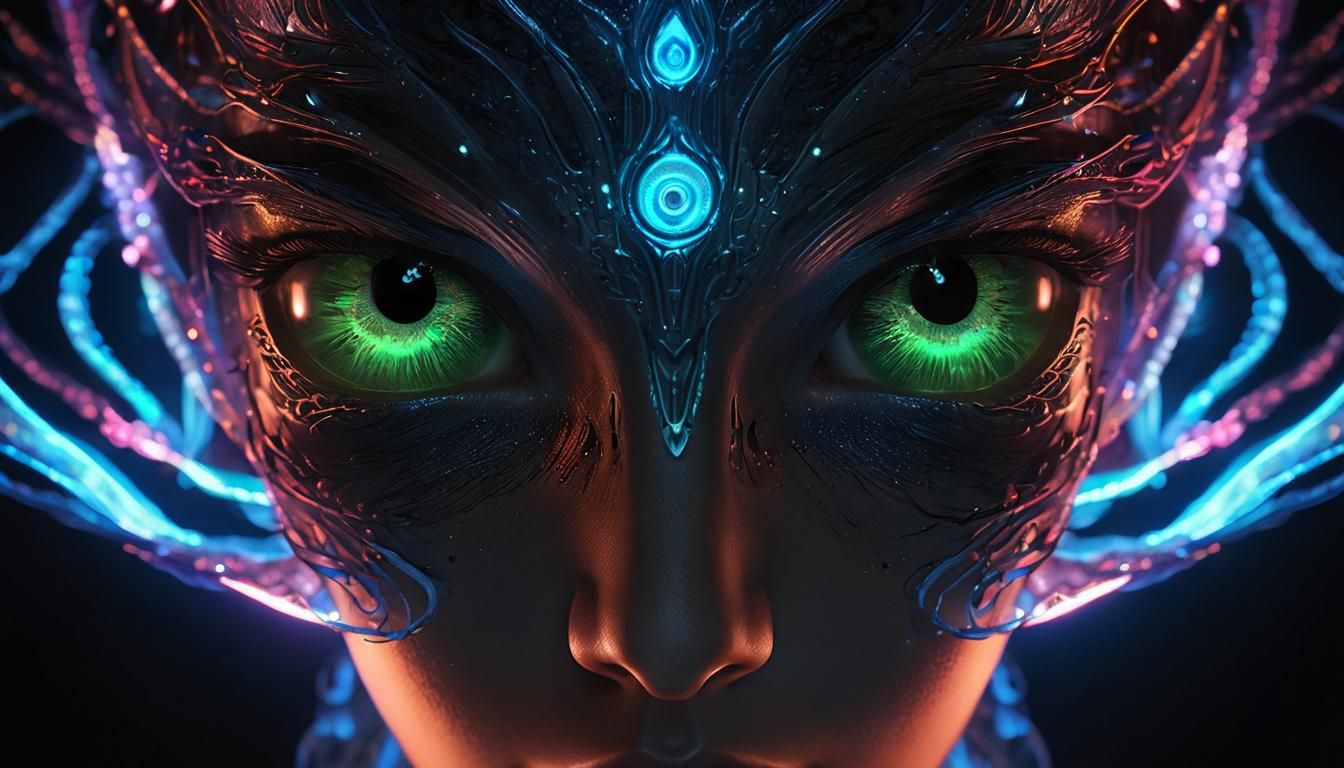 Glowing Neon Sci-Fi Eyes in Dark Elven Face