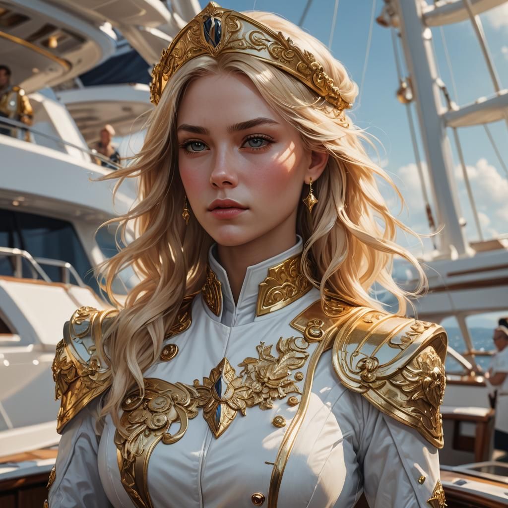 Luxurious Yacht: Blonde Woman in Gold Captain's Uniform
