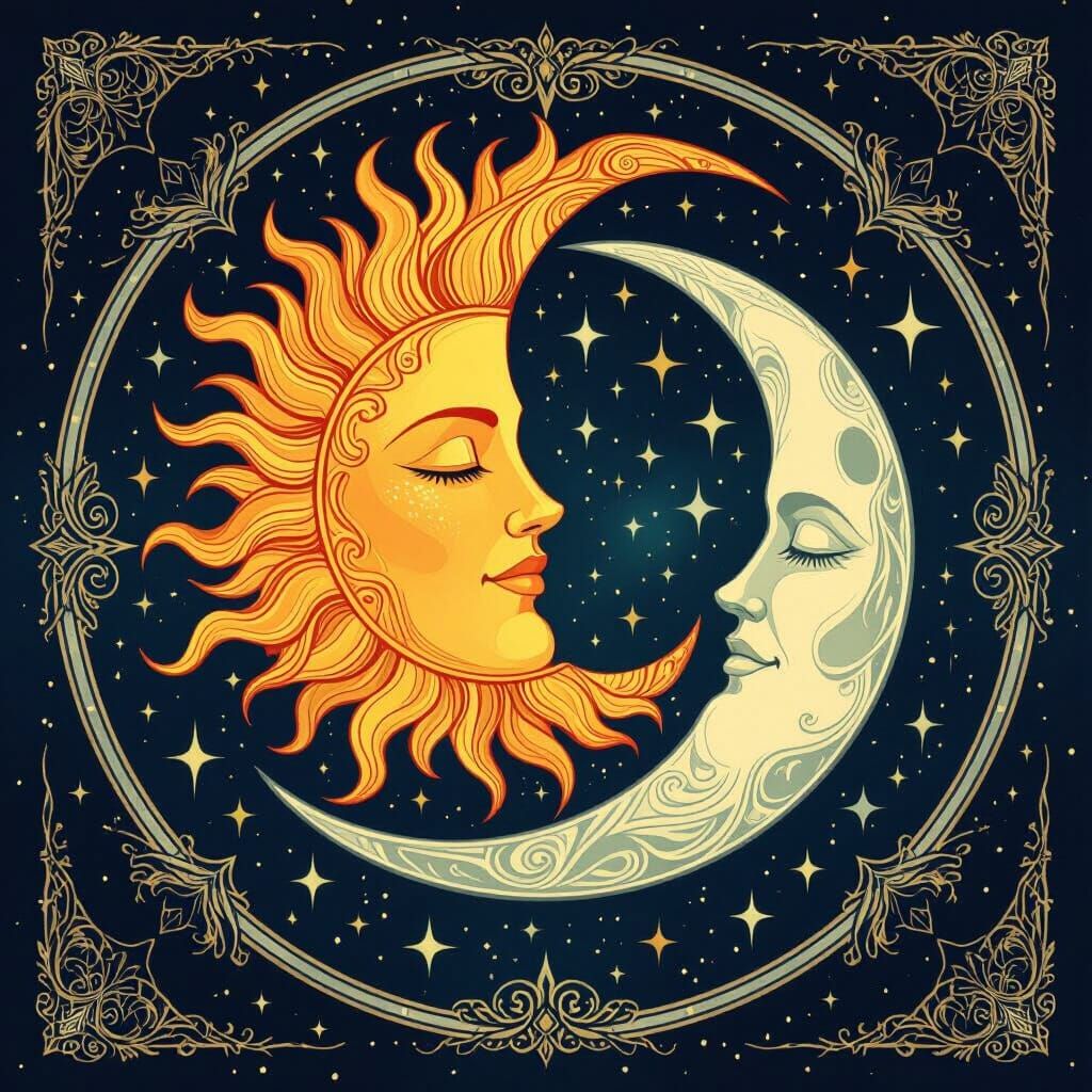Cosmic Sun and Moon Embrace in Art Nouveau Style