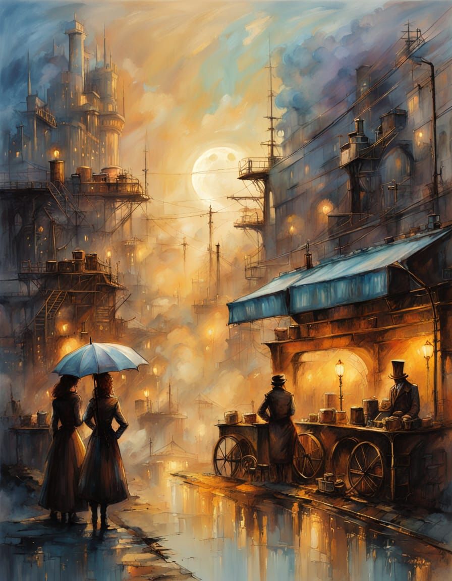 Steampunk Cafe Terrace in Impressionist Impasto Style