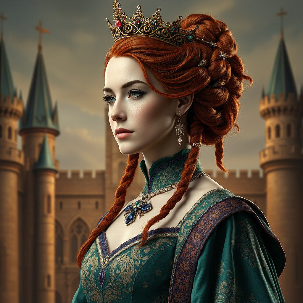 Queen Alizee Portrait in Medieval Castle, Hyper-Realistic