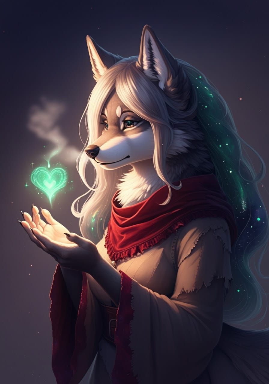 Enchanted Wolf Maiden Conjures Ethereal Heart Magic