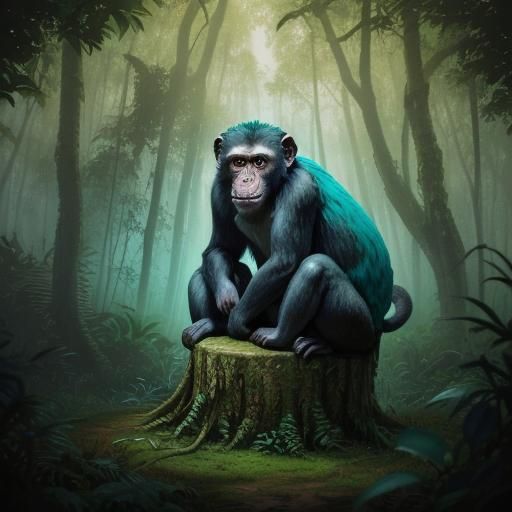 Mystical Monkey Portrait in Jungle Ruins, Oil Painting